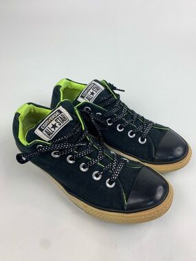 Converse Low Profile Black Sneakers Neon Green Accents Sparkle laces Size 5